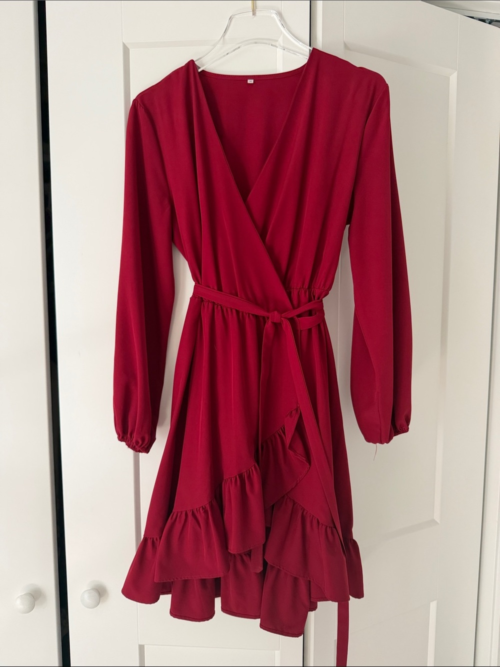 Burgundy Wrap Ruffle Long-Sleeve Dress